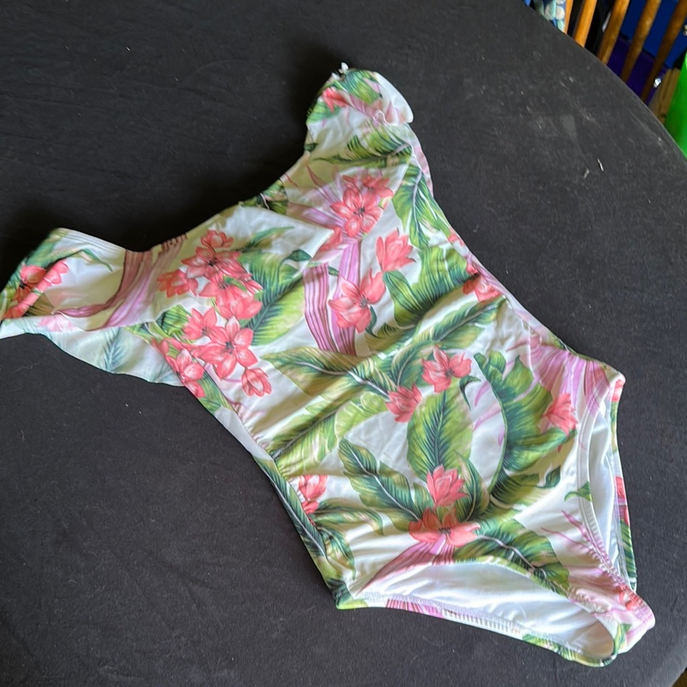 Floral Ruffle-Shoulder Swimsuit